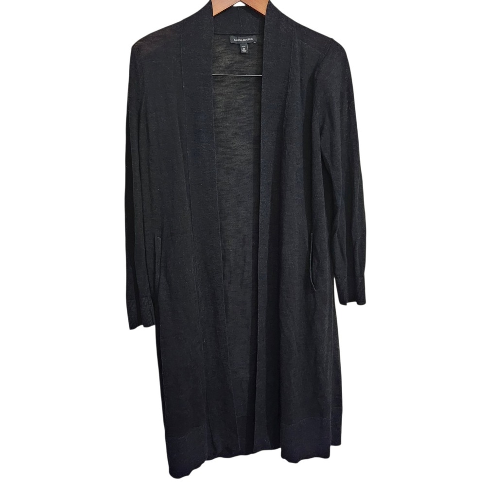 Banana Republic Longline Open Front Cardigan Sweater Linen Blend Black Women Med